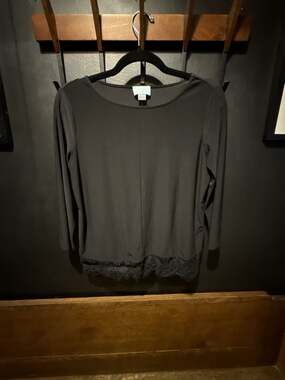 CeCe by Cynthia Steffe Women's Long Sleeve Black Top with Lace Hem Trim, Size XS